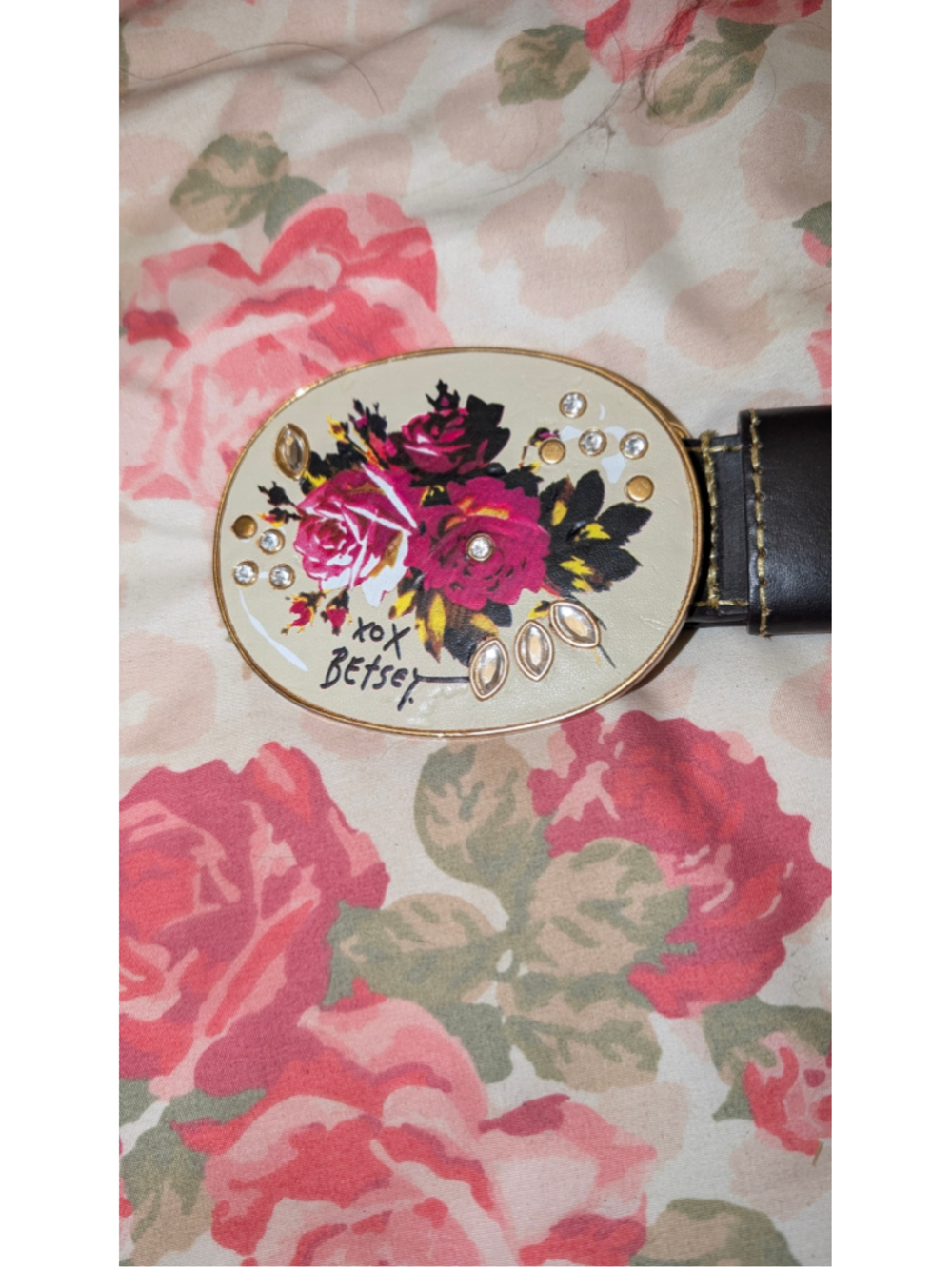 vintage Betsey Johnson Black & Beige Floral Buckle Belt, One Size